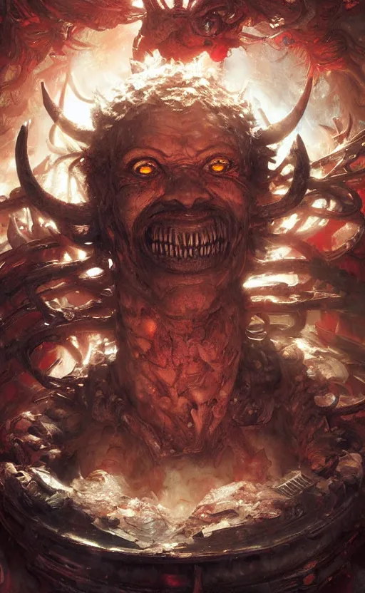 Prompt: a terrifying red dwarf with ram horns serving grog at a fantastical pub, floating cloth whirlpool, butterfly hard lighting ethereal horror fantasy art by and hajime sorayama, yukito kishiro, raymond swanland and monet, ruan jia, by wlop