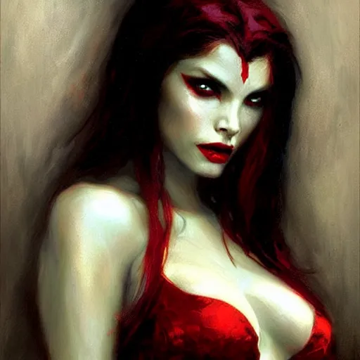 Prompt: attractive vampire queen with red eyes, painting by gaston bussiere, craig mullins