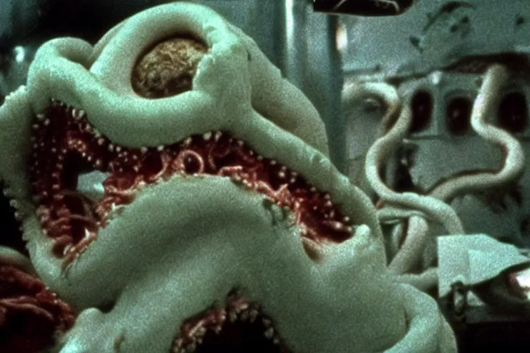 Image similar to scary filmic wide shot angle movie still 35mm film color photograph of a shape shifting horrific nightmarish abstract alien organism from The Thing 1982 spewing toxic spined tentacles made out of flesh strangling a doctor wearing a lab coat and surgical mask in the style of a horror film