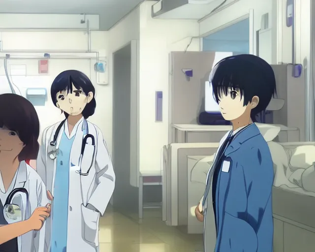 Image similar to a cute young female doctor wearing white coat are talking to a little body in a hospital, slice of life anime, anime scenery by Makoto shinkai