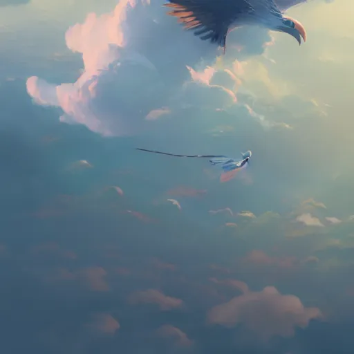 Image similar to magical bird, flying above the clouds, cgsociety masterpiece, artstation trending, by rossdraws, ghibli, kimi no na wa, greg rutkowski, simon stalberg, greg manchess