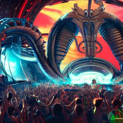 Prompt: Concept art of Xenomorph playing DJ in Tomorrowland. Lots of humans in landscape. Intricate. Elegant details. 4K