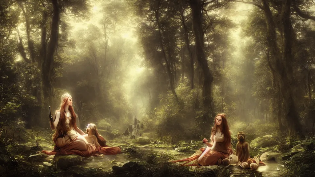 Prompt: elven princess sitting with the monkey god in the melancholy forest. andreas achenbach, artgerm, mikko lagerstedt, zack snyder, tokujin yoshioka