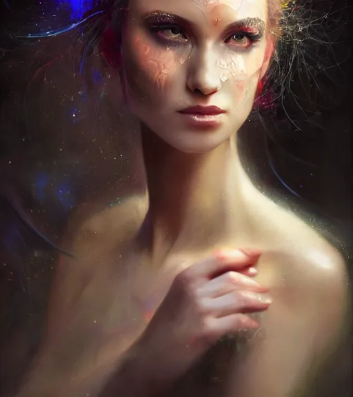 Image similar to lightpainting, diffuse lighting, fantasy, intricate wiccan facial lightpainting, elegant light, highly detailed, lifelike, photorealistic, digital painting, artstation, concept art, smooth, sharp focus, art by john collier, albert aublet, krenz cushart, artem demura, michael bosanko