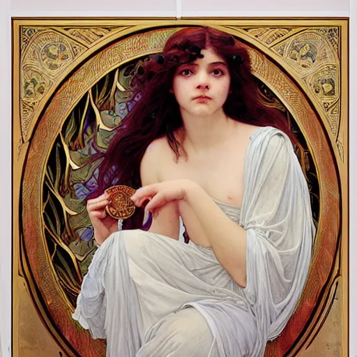 Image similar to detailed portrait art nouveau painting of the goddess of the moon, backlit, who resembles Anya Taylor Joy, Chloe Grace Moretz, and Emma Watson with anxious, piercing eyes, by Alphonse Mucha, Michael Whelan, William Adolphe Bouguereau, John Williams Waterhouse, and Donato Giancola