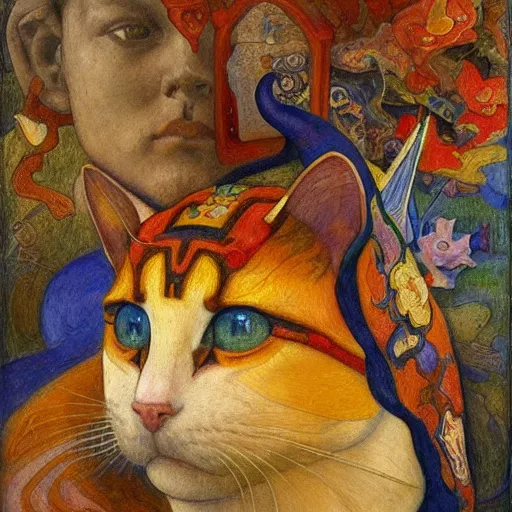 Prompt: masterpiece painting of a mechanical cloisonne cat head sculpture, by annie swynnerton and diego rivera and nicholas roerich and jean delville and janet fish, symbolist, dramatic lighting, god rays, art brut, rich colors, smooth, sharp focus, extremely detailed, adolf wolfli and ( donato giancola and bilibin )