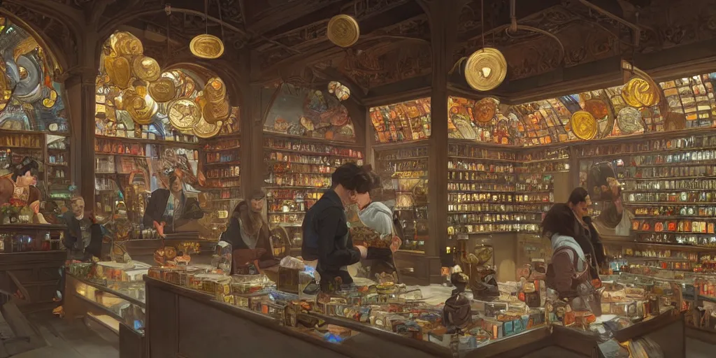 Image similar to modern coin shop with a lot of coins, 4 k, octane, digital painting, artstation, concept art, sharp focus, illustration, art by artgerm and greg rutkowski and alphonse mucha