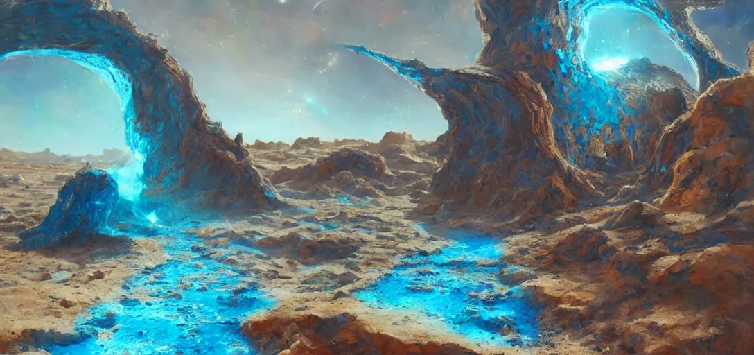 Image similar to a sparkling blue desert with streams of coloured sand glittering with alien rock formations, artstation 3 d, oil painting, vast, epic composistion