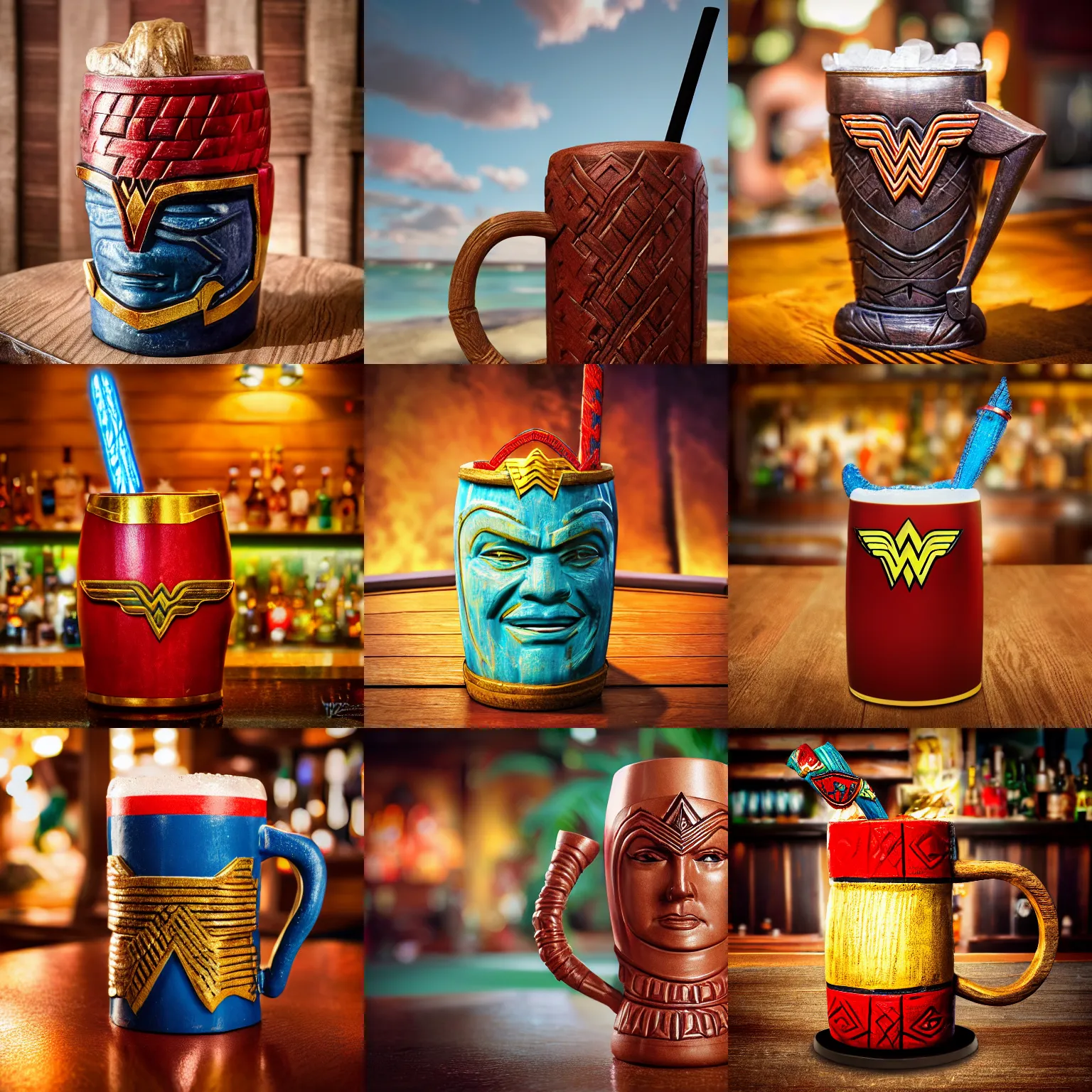 Prompt: a closeup photorealistic photograph of a wonder woman style tiki mug placed on a trader vic's bar. tiki theme. bright scene. fine detail. this 4 k hd image is trending on artstation, featured on behance, well - rendered, extra crisp, features intricate detail, epic composition and the style of unreal engine.