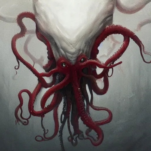 Image similar to painting by greg rutkowski of a flying human head and face that is chalk white in color, with tentacles coming of the neck, red eyes, flying in a terrying hell like cavernous place