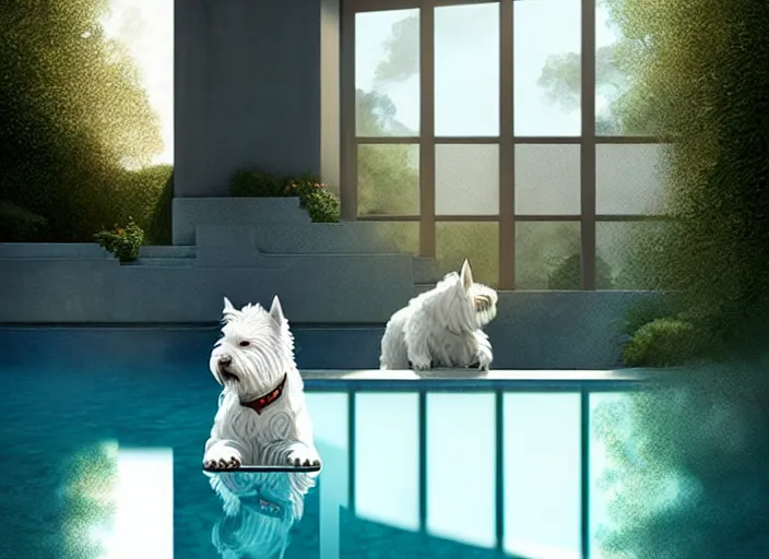 Image similar to west highland white terrier sitting by a pool, bright, reflections, intricate, sharp focus, lens flare, bloom, illustration, highly detailed, digital painting, concept art, matte, art by ruan jia and wlop and greg rutkowski, masterpiece