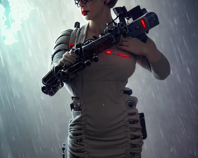 Image similar to ghostbusters cyborg with beautiful faces, in short dresses, weapons, full body, dark and mysterious, atmospheric, ominous, eerie, cinematic light, epic, 8 k 3 d, ultra detail, ultra realistic, by wlop, by mucha, by giger
