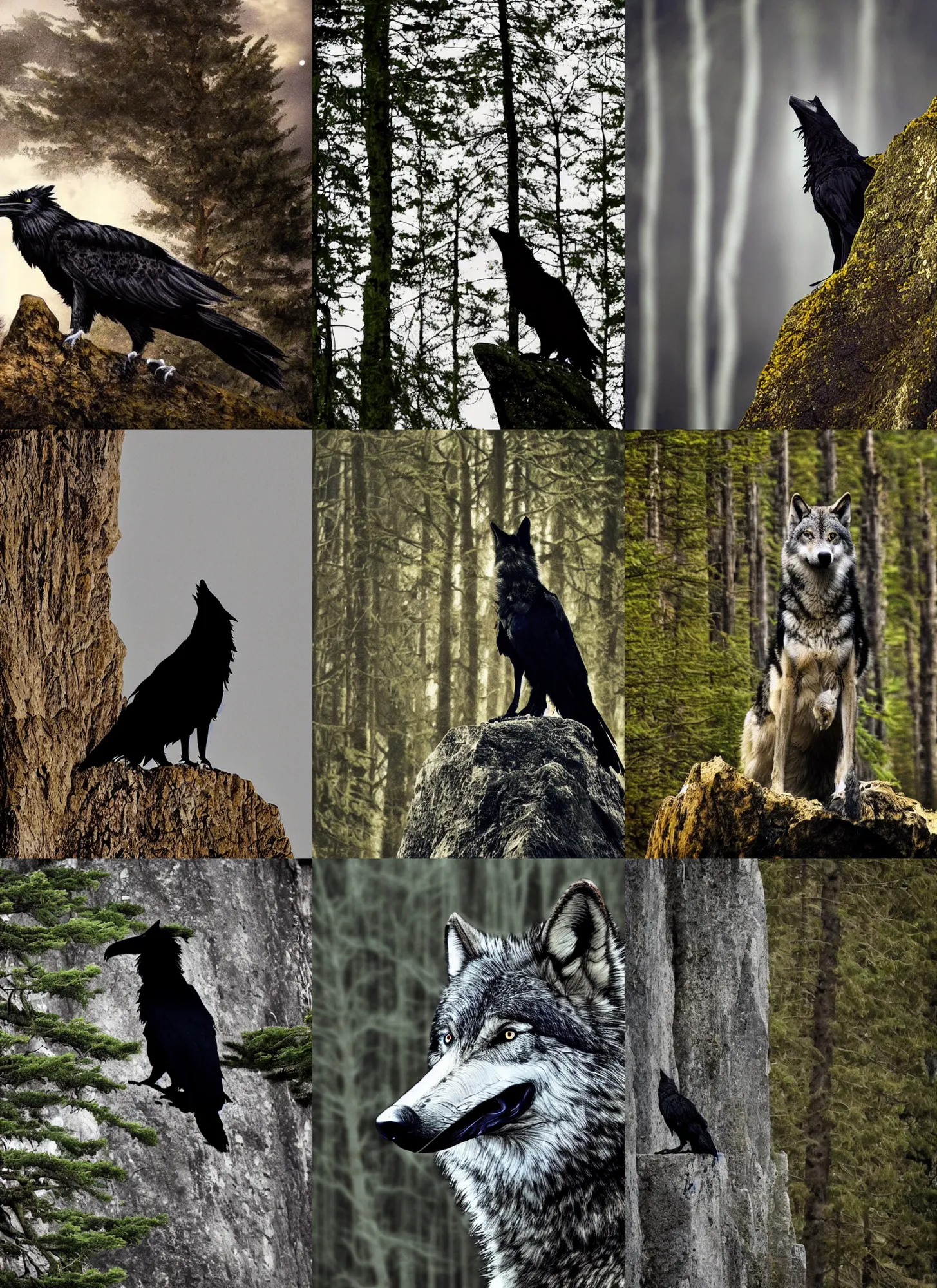 Prompt: A wolf with the face of a raven perched on a cliff's edge looking straight ahead, intimidating, rays of moonlight illuminating a forest backdrop