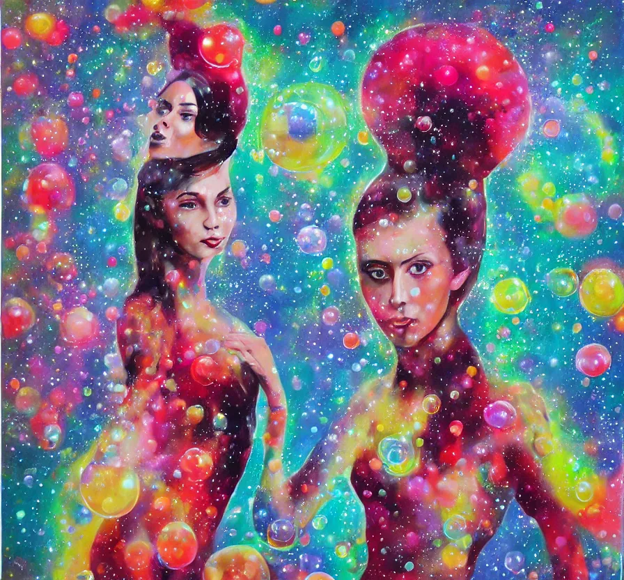 Image similar to beautiful sci - fi woman, face, full body, dress, bubbles, bubble, watedrops, waterdroplets, acrylicpainting, acrylicpouring, painting, influencer