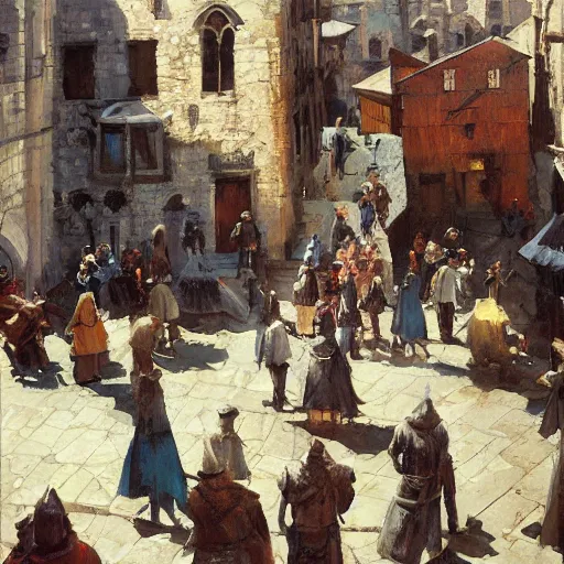 Prompt: medieval town square, detailed by greg manchess, craig mullins, bernie fuchs, walter everett