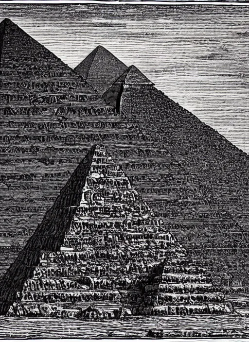 Image similar to nyarlatothep, the bloody tongue, pyramids in the background, in the style of gustav dore