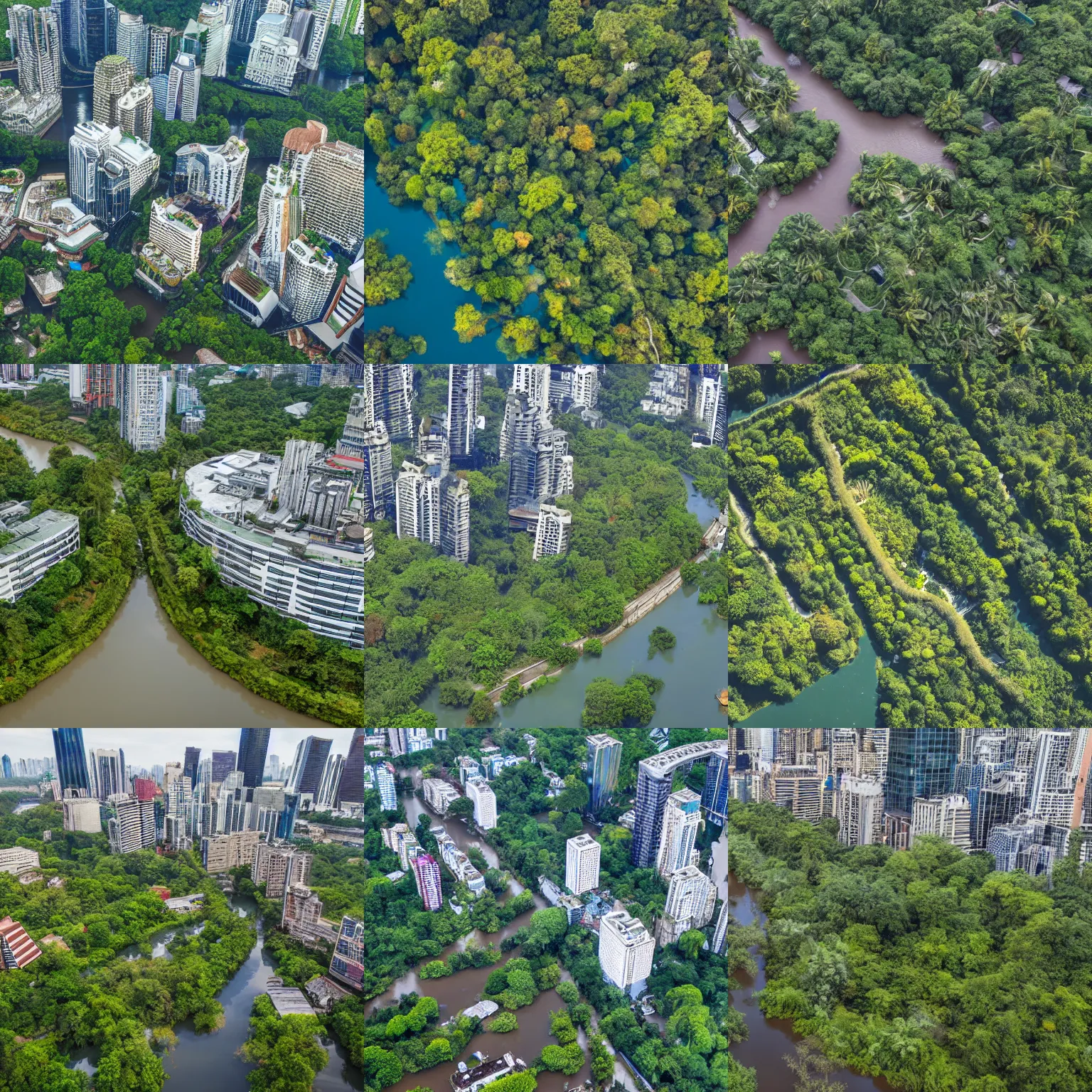 Prompt: jungle with a buildings floating in a river aerial photo