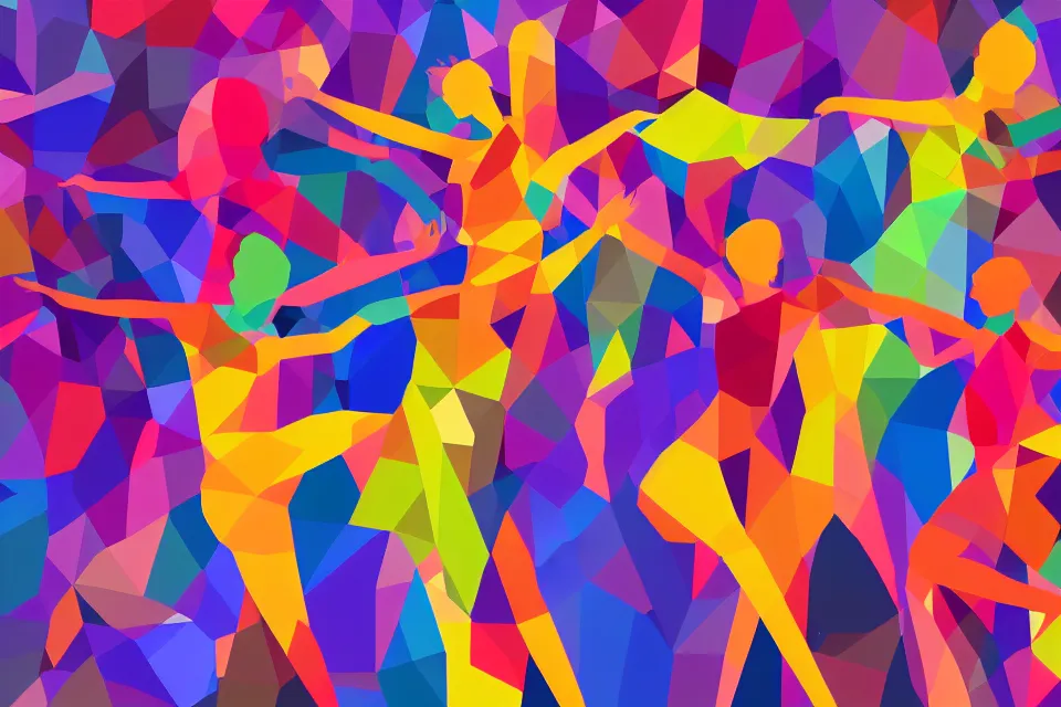 Image similar to a colorful, computer generated, abstract geometric intriguing render, abstract human figures dancing, autumnal colors