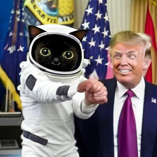 Image similar to cat astronaut gives a handshake to donald trump