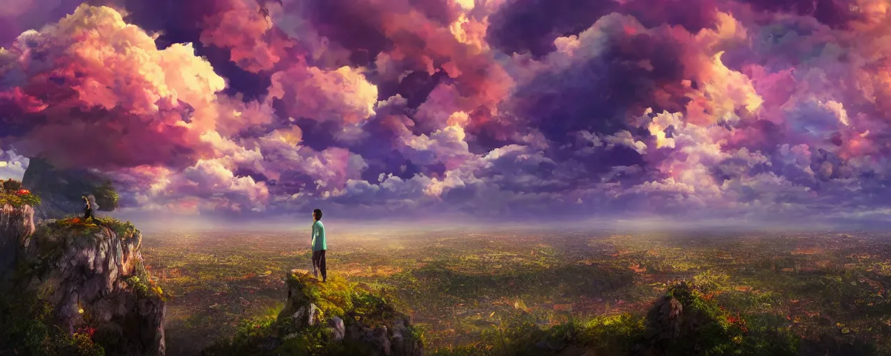 Image similar to Colorful dramatic puffy clouds, 3 Inner city teens standing on the edge of a cliff overlooking a forest, Glowing city on the horizon, matte painting, concept art, 4K