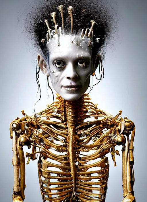 Prompt: ultrarealistic ultradetailed medium shot disassembled cyborg bride of frankenstein on a metal slab table, normal healthy face, normal arms, transparent skin, skeleton still life, nervous system,, greg rutkowski, peter gric, immerse, 1 9 th, special effects makeup, maximalist, glittering, gold, ivory, hyperreal, golden ratio, alphonse mucha
