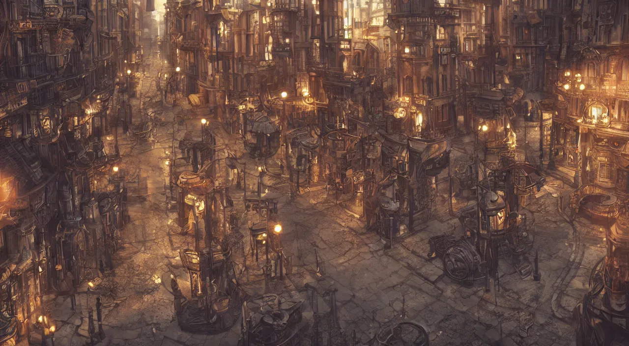 Prompt: steampunk city streets by albert kiefer, trending on artstation, octane render