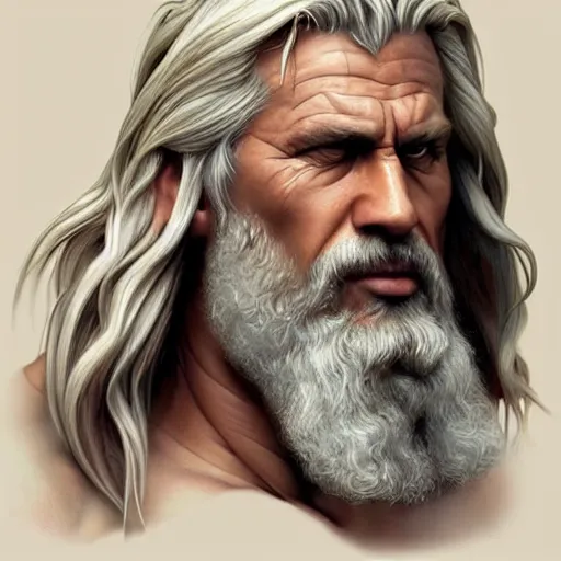 Prompt: half body portrait of rugged zeus, greek god, 4 0 years old, handsome, white hair, soft hair, cocky smirk, upper body, muscular, hairy torso, fantasy, intricate, elegant, highly detailed, digital painting, artstation, concept art, smooth, sharp focus, illustration, art by artgerm and greg rutkowski and alphonse mucha