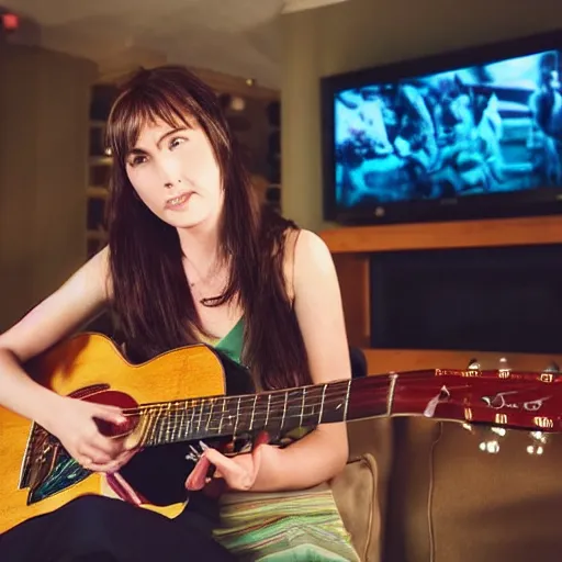 Image similar to beautiful women playing guitar, tv in the background