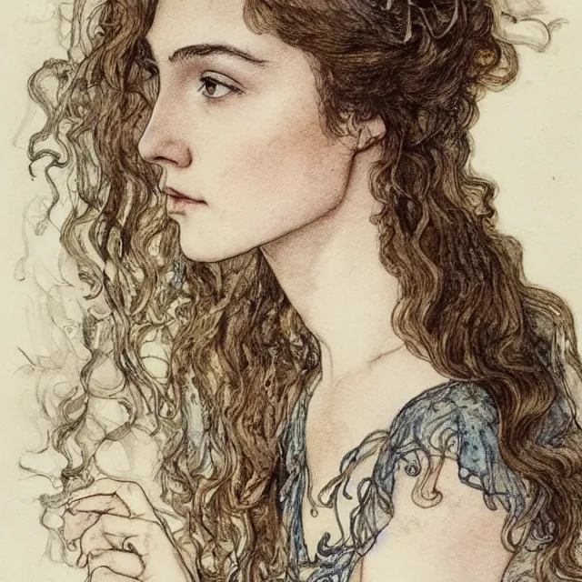 Prompt: a detailed, intricate watercolor and ink portrait illustration with fine lines of young 1 4 year old saoirse gal ronan gadot looking over her shoulder, by arthur rackham and edmund dulac and walter crane