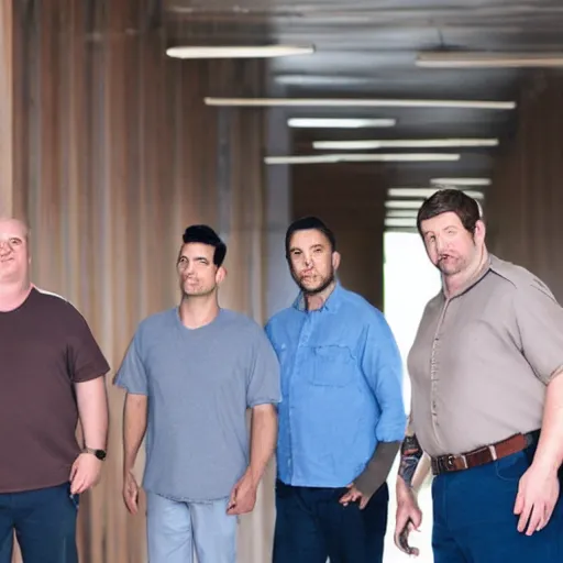 Prompt: Overweight men standing in a corridor