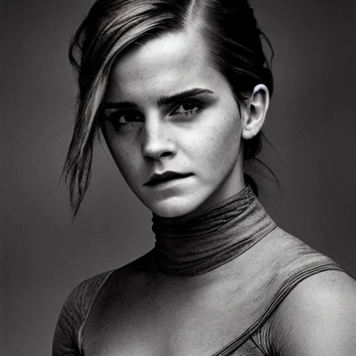 Prompt: Emma Watson as a bene-gesserit, ominous, brooding, dark, detailed, portrait by Annie leibovitz