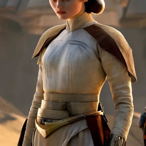 Image similar to bella heathcote as padme amidala at the battle of geonosis, golden hour, cinematic