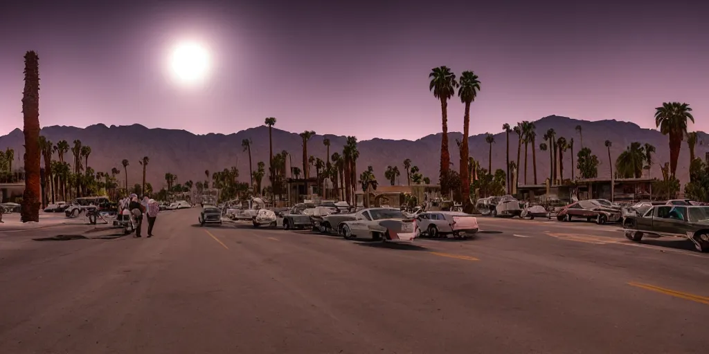 Image similar to palm springs as as futuristic city, sci fi, blade runner, cinematic, underexposed,