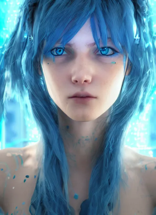 Image similar to beautiful young cyberpunk girl with blue hair, blue eyes, au naturel, holding her hands out, digital art, trending in artstation, cinematic lighting, studio quality, smooth render, fluorescent skin, unreal engine 5 rendered, octane rendered, art style by klimt and nixeu and ian sprigger and wlop and krenz cushart