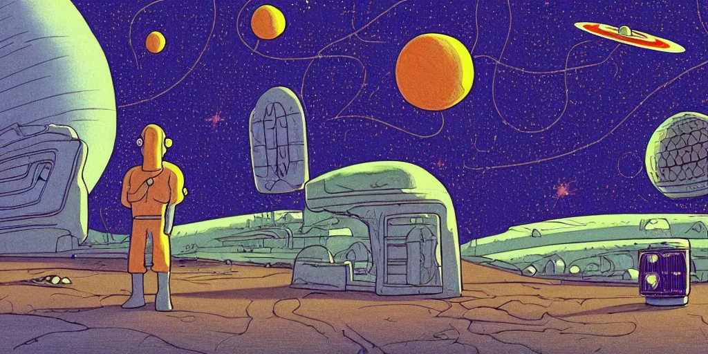 Image similar to traditional drawn colorful animation a car solo stranger with sad face pacing to valley symmetrical architecture on the ground, space station planet afar, planet surface, ground, flower, outer worlds extraterrestrial hyper contrast well drawn Metal Hurlant Pilote and Pif in Jean Henri Gaston Giraud animation film The Masters of Time FANTASTIC PLANET La planète sauvage animation by René Laloux