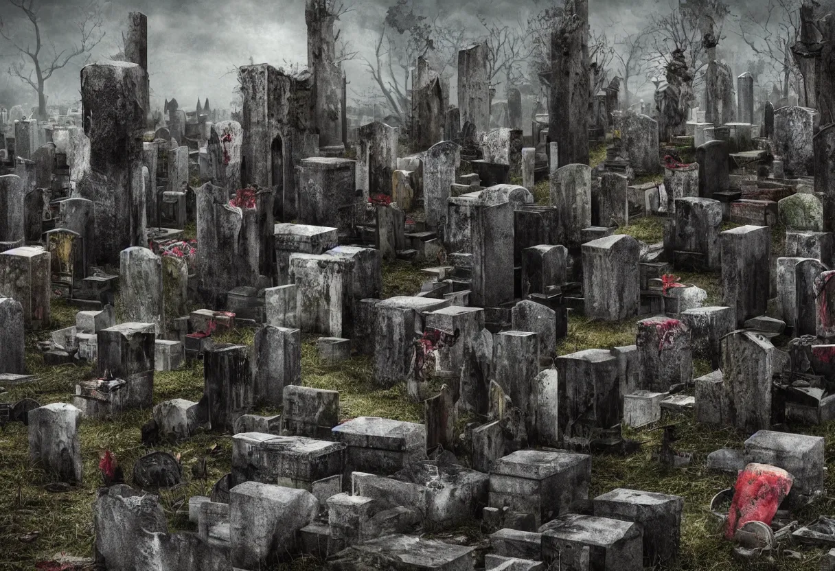 Prompt: decaying faces among the tombstones in demonic cemetary, colorfully ominous background, minimalism, hyper realism, matte painting, realistic, dramatic lighting, octane render, highly detailed, cinematic lighting, cinematic