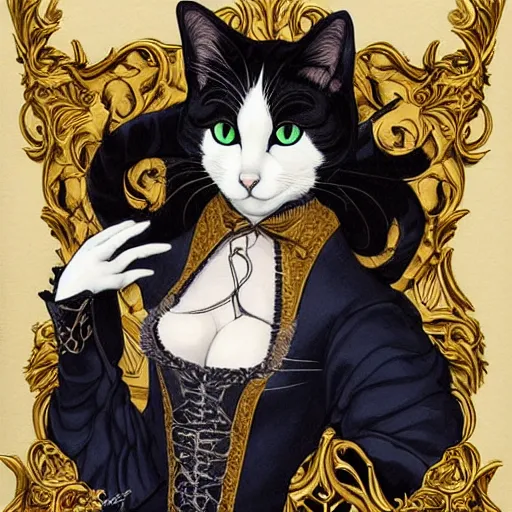 Image similar to portrait of a cat, baroque style, elegant, beautiful, mesmerizing, concept art, fancy clothing, highly detailed, artstation, behance, deviantart, inspired by innocent manga, inspired by castlevania concept art, trending, ayami kojima, shinichi sakamoto