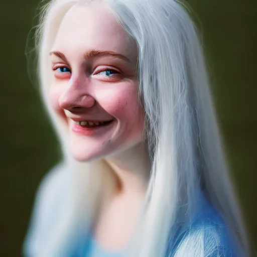 Prompt: beautiful hyperreal portrait of a cute thing young woman smiling softly, long white hair, flushed face, blue eyes, golden hour, soft focus, 8 k, portra 4 0 0