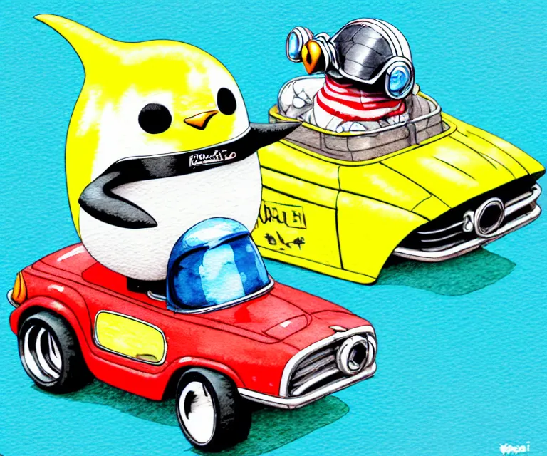 Image similar to cute and funny, penguin wearing a helmet riding in a tiny hot rod with an oversized engine, ratfink style by ed roth, centered award winning watercolor pen illustration, isometric illustration by chihiro iwasaki, edited by range murata, tiny details by artgerm and watercolor girl, symmetrically isometrically centered, sharply focused