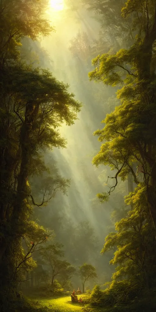 Image similar to ((A detailed and beautiful rich illustration depicting a lush and blooming forest)), small fireflies here and there, sun glare coming from above::by Andreas Rocha, by John Frederick Kensett, by Clive Madgwick::featured on deviant art, trending on artstation