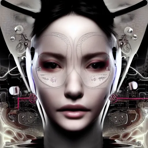 Image similar to The face of an extremely beautiful biomechanical female looking robot with Optical Sensors and large emoji tattoos, surrounded by a thin transparent force field,, extremely beautiful oppai cyberpunk, exaggerated proportions, organic, chimeric organism, pale skin, organic polycarbon, full frontal, portrait, highly detailed, symmetrical, mechanical, mendelbrot fractal, ray tracing, hyperdetailed, hyperrealistic, octane render, hdr, 8k