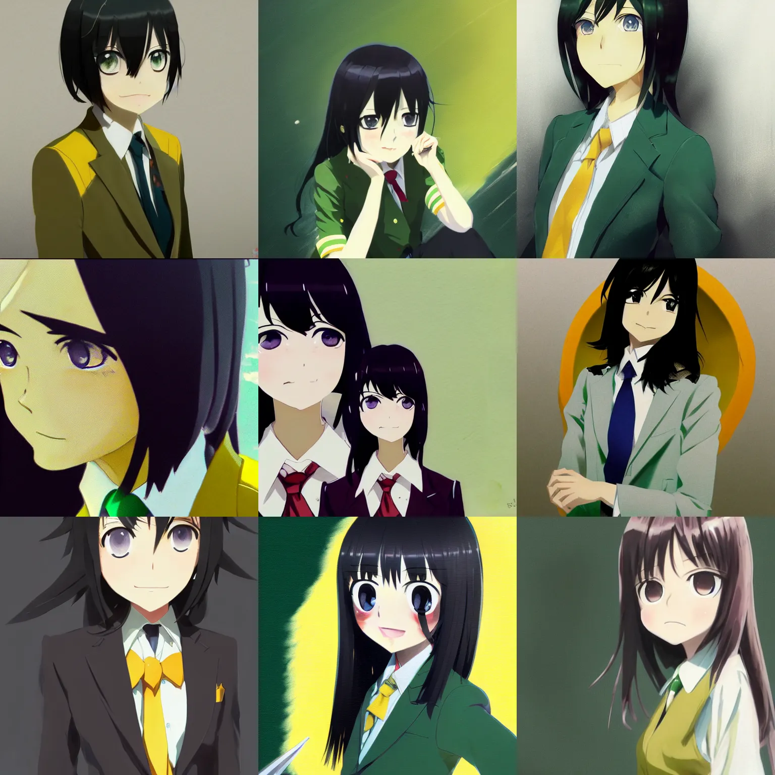 Prompt: cute tomoko kuroki watamote portrait green eyes yellow suit red tie by greg rutkowski makoto shinkai kyoto animation ultrahd award winning