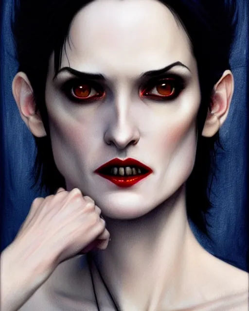 Prompt: gorgeous female Winona Ryder vampire sharp teeth in a confident dress, full body, realistic character concept, medium shot, elegant pose, horror, illustration, slender symmetrical face and body, symmetrical eyes, artstation, cinematic lighting, hyperdetailed, Tom Bagshaw, artgerm, Norman Rockwell, single face, insanely detailed and intricate, beautiful, elegant, dark blue background