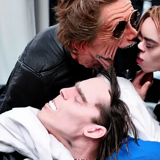 Image similar to willem dafoe kissing billie eilish in a bed