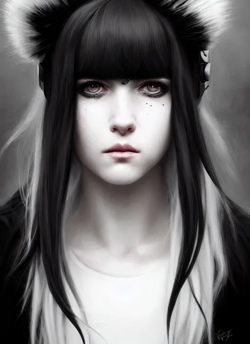 Image similar to portrait of white teenage girl, normal face, white bangs, mall goth, cyberlox, black and white hair, bangs, fluffy bangs, intricate, elegant, highly detailed, digital painting, artstation, concept art, sharp focus, smooth, illustration, art by wlop, mars ravelo and greg rutkowski