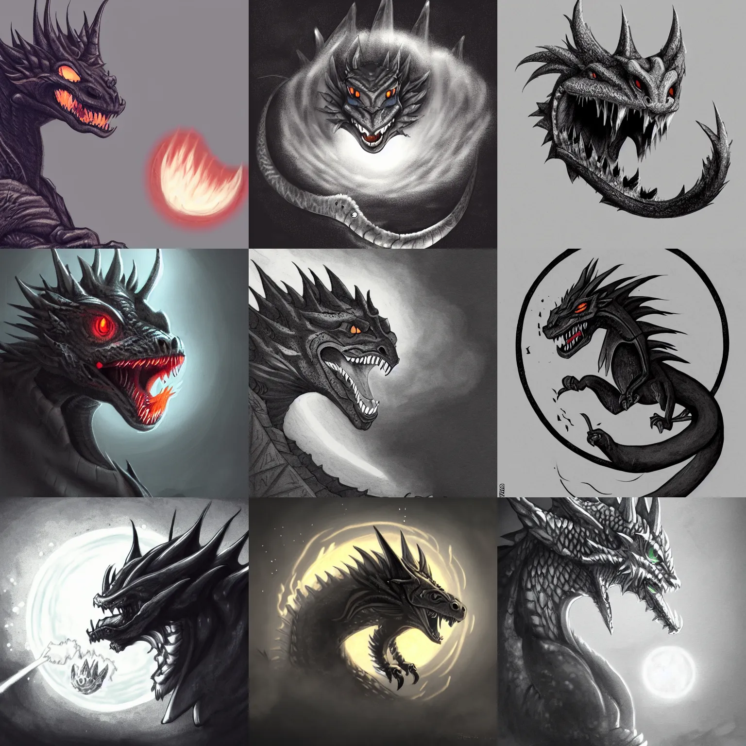 Prompt: roaring anthro dragon with glowing eyes and mouth in a smoking crater, glowing eyes, charcoal and silver color scheme, full body single character, rule of thirds, moonlit night, good value control, high contrast, biomechanical, cinematic, illustration, concept art