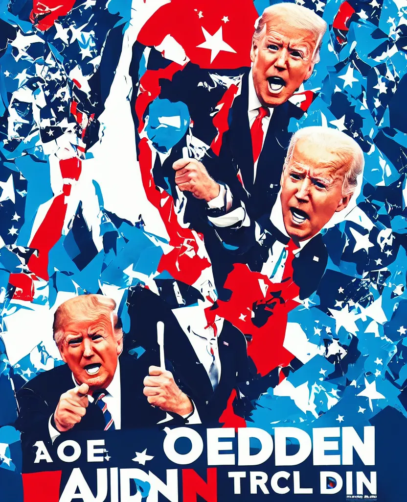 Prompt: a poster of joe biden fighting donald trump, by joe mangrum, trending on deviantart, futurism, movie poster, poster art, 3 2 k uhd, american propaganda, futurism, toyism