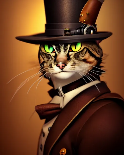 Image similar to steampunk male cat portrait, handsome, steampunk hat, detective coat, steampunk monocle, hyper realistic 3 d render by ilya kuvshinov, peter mohrbacher, greg rutkowski, ryohei hase, dramatic lighting, intricate, highly detailed, sharp focus, luminous, unreal engine, blender, artstation, masterpiece, ray tracing