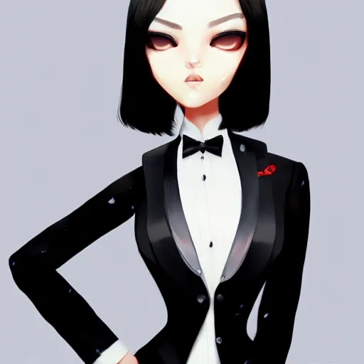 Image similar to slim cruel business girl in tuxedo with black bob hair, elegant, 2d, ultra highly detailed, digital painting, smooth, sharp focus, artstation, art by Ilya Kuvshinov