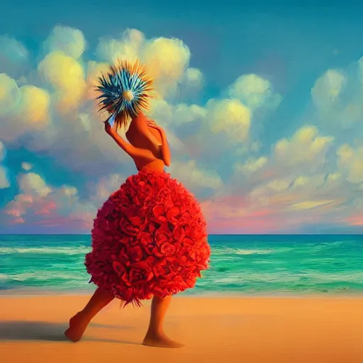 Image similar to portrait, giant rose flower head, girl dancing at the beach, surreal photography, sunrise, blue sky, dramatic light, impressionist painting, digital painting, artstation, simon stalenhag